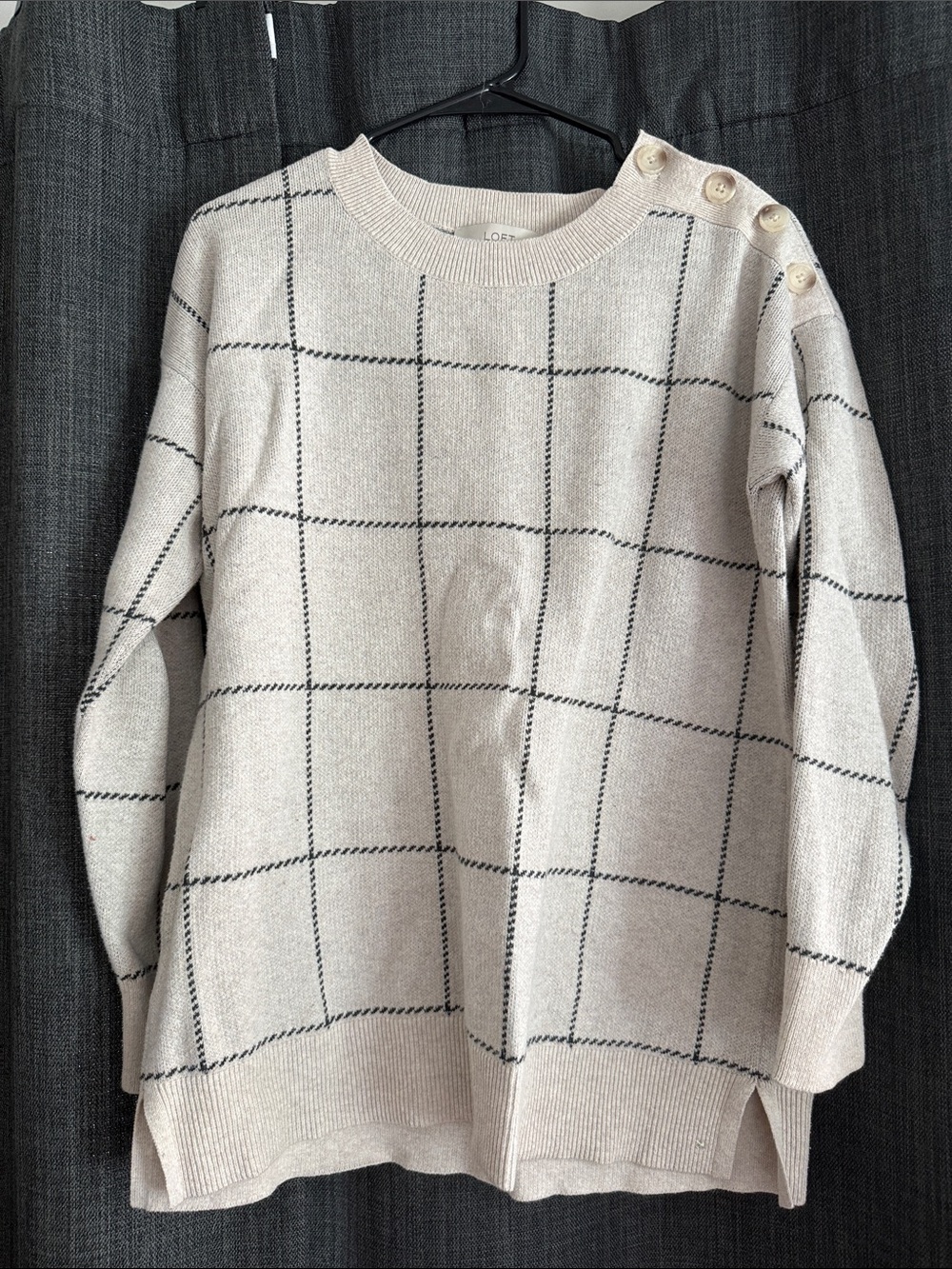 LOFT Cream Windowpane Crewneck Sweater with Shoulder Buttons